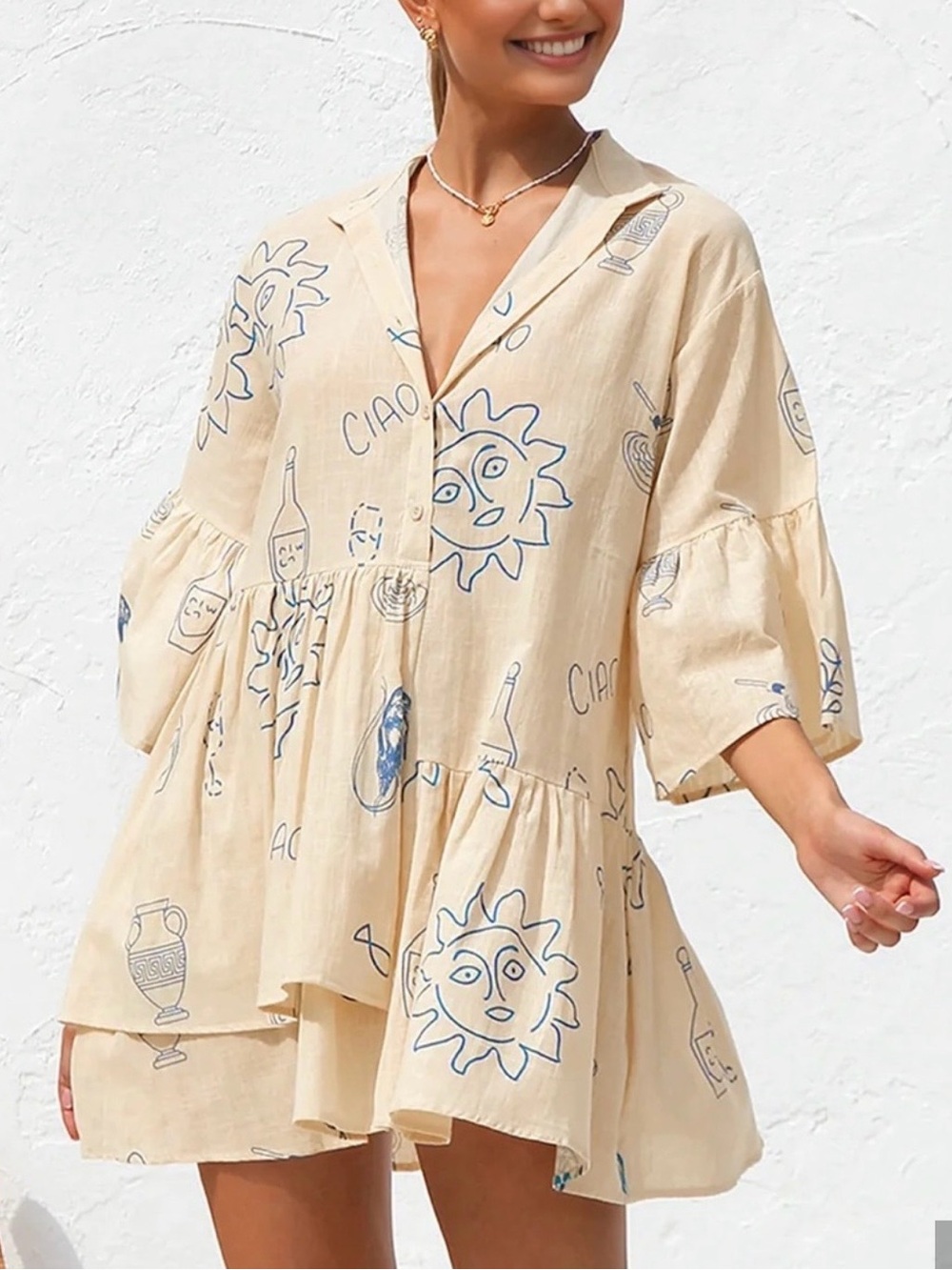 Commense Beige Button-Front with Navy Sketch Print